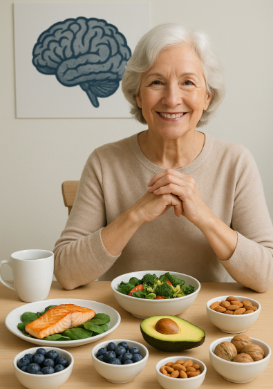 두뇌 건강에 좋은 식단이 차려진 식탁 앞에 앉아 미소 짓는 할머니