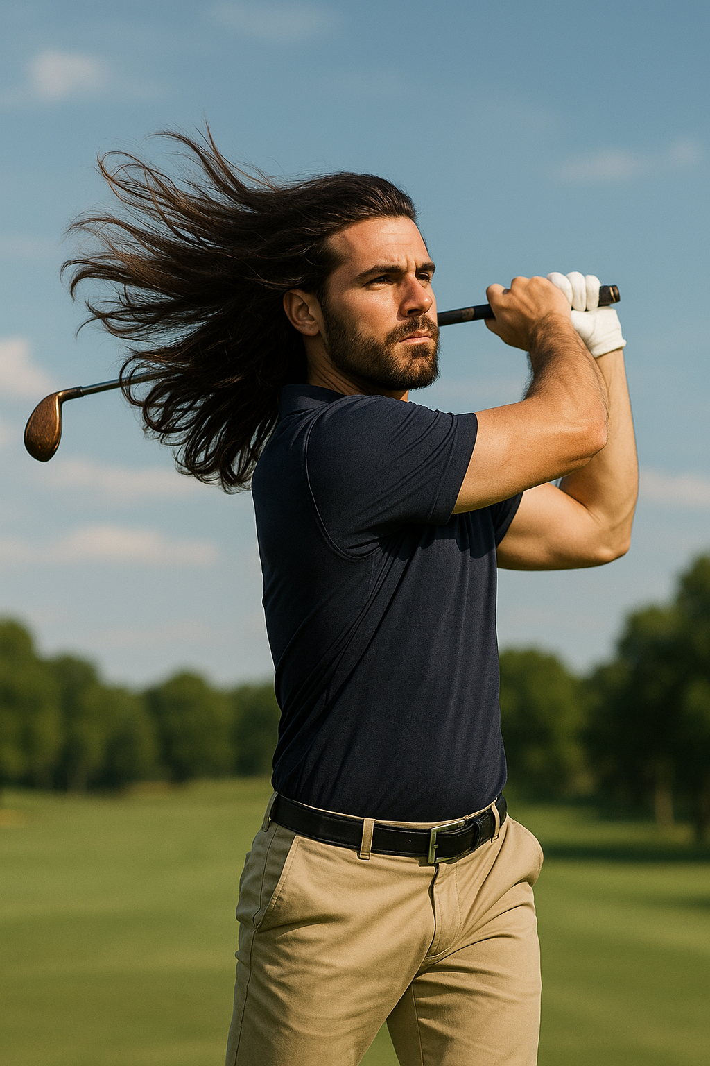 긴 머리 날리며 우드 스윙하는 남자 골퍼의 모습