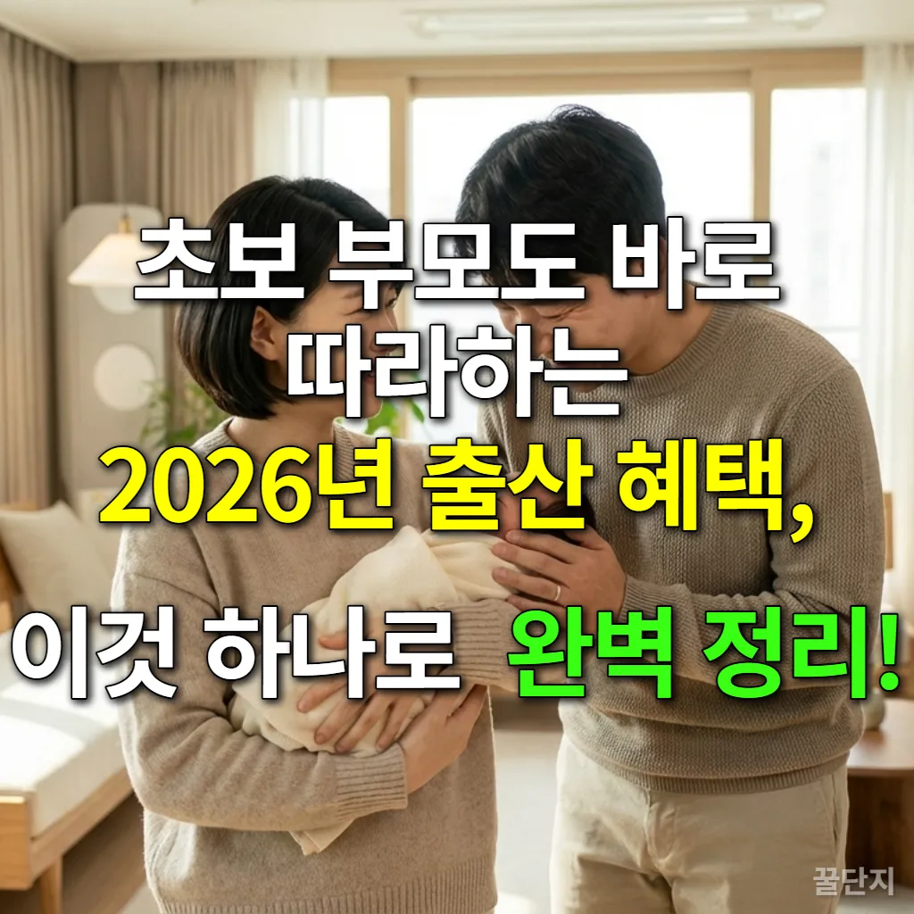 2026년 출산 혜택을 받고 행복해하는 한국인 초보 부모와 신생아
