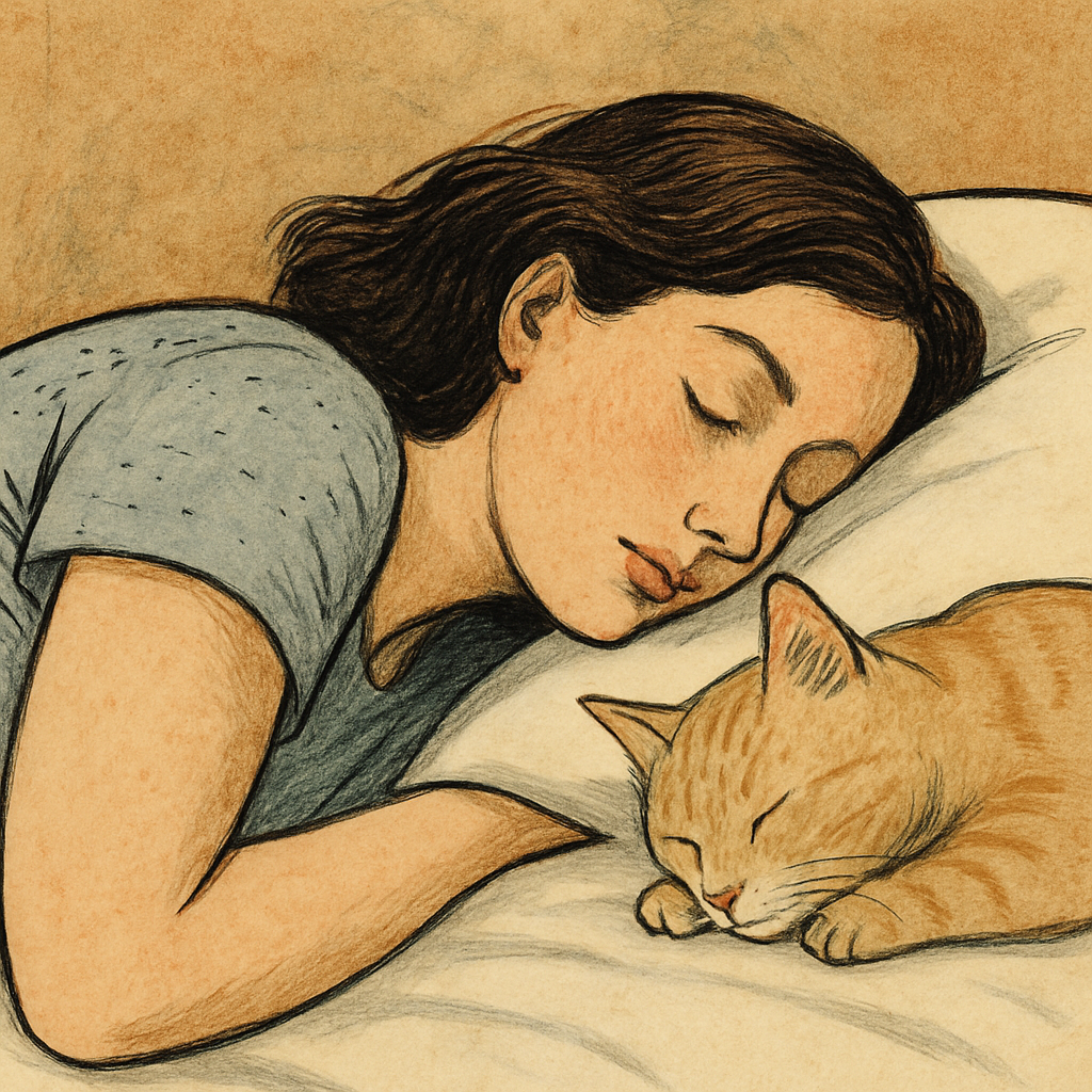 옆으로 누워서 자는 여성. 그리고 고양이