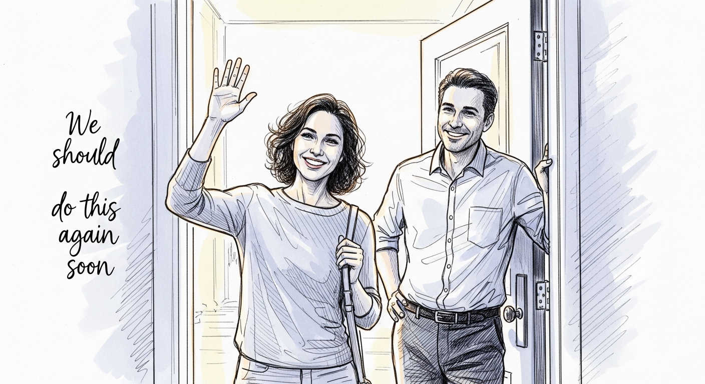 집을 나서며 재회 인사를 나누는 손님과 호스트