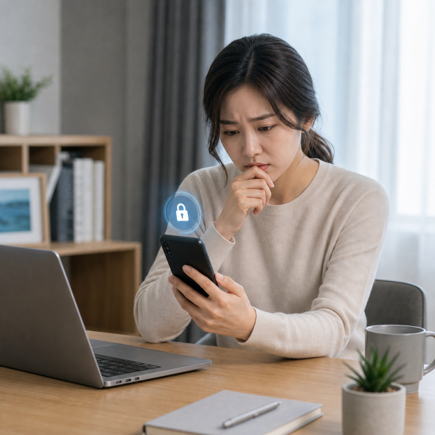 명의도용방지서비스 상황을 확인하는 한국인 실사 이미지 1