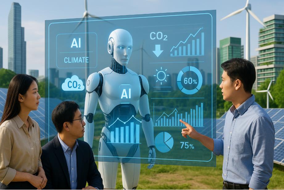 대형 홀로그램에서 AI가 날씨&middot;에너지 데이터를 분석하는 장면을 옆에서 확인하는 연구원과 시민들