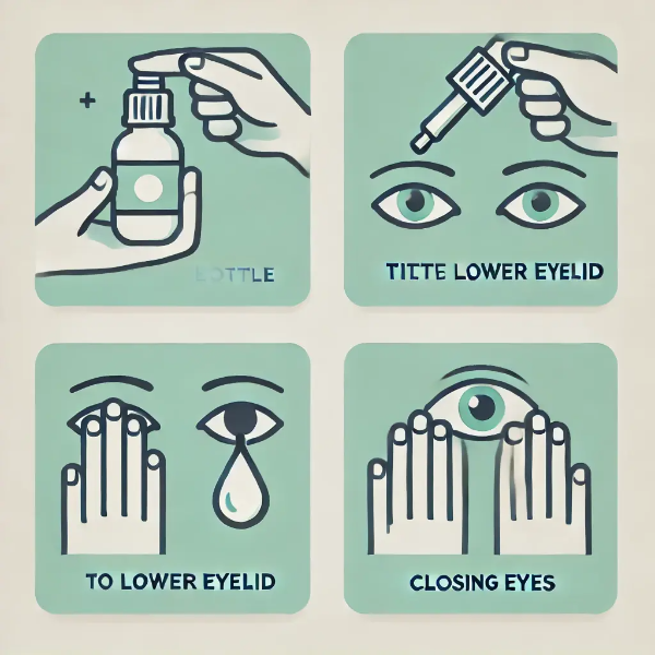 안약을 올바르게 넣는 법을 나타낸 아이콘 인포그래픽 – 눈에 떨어뜨리는 절차를 순서대로 구성