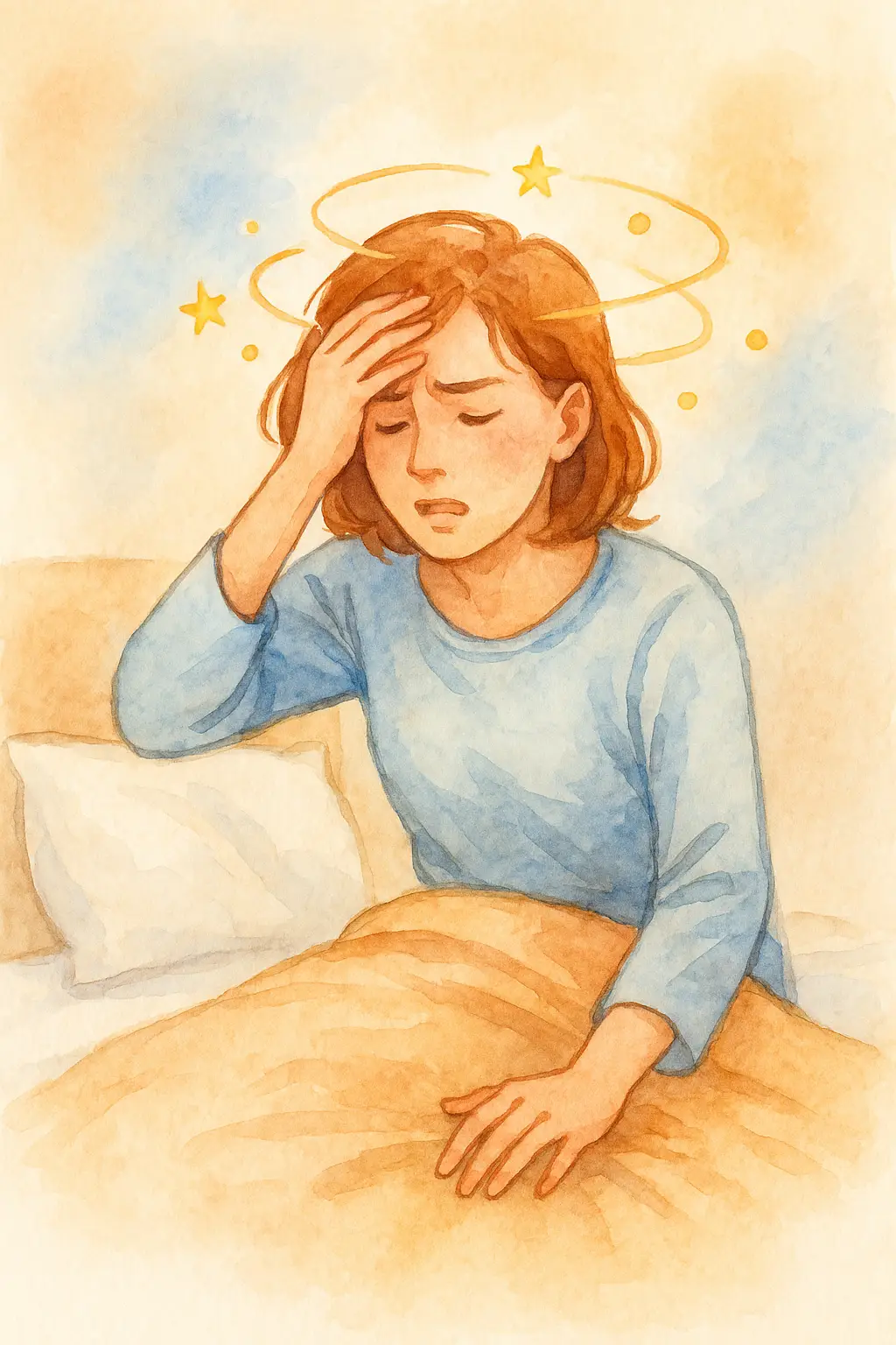 침대에서 일어나며 머리를 잡고 어지럼증을 느끼는 여성의 수채화 일러스트, 이석증 주요 증상 표현
