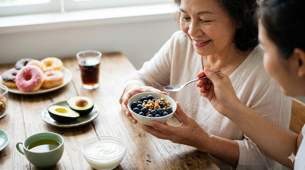 햇살 비치는 식탁에서 보호자가 치매 어르신에게 부드러운 요거트와 베리류 간식을 대접하는 평온한 모습