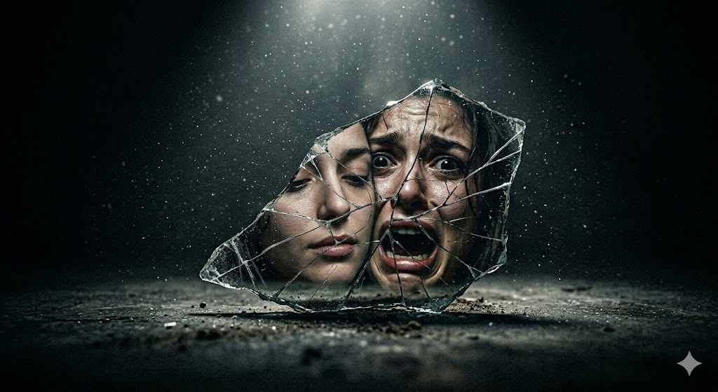 깨진 거울 조각에 비친 두 개의 서로 다른 표정을 가진 얼굴