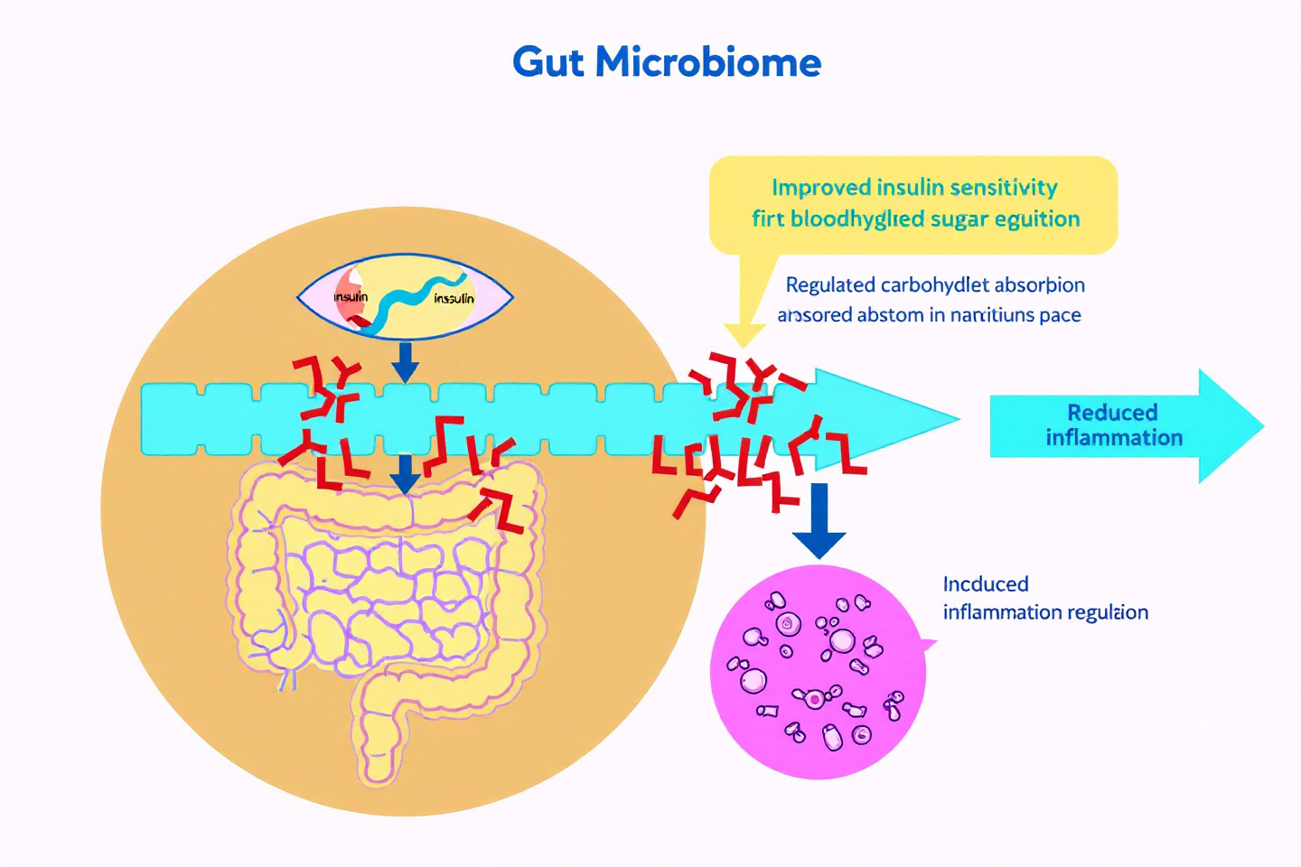 장내 미생물과 혈당 조절의 연관성을 설명하는 다이어그램: 인슐린 감수성 개선, 탄수화물 흡수 조절, 염증 감소 등"