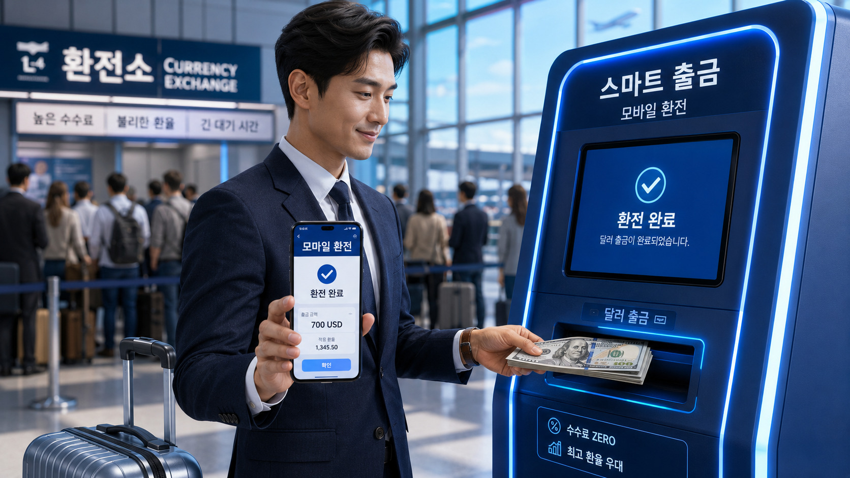 공항에서 스마트폰 환전 앱을 이용해 ATM에서 달러를 출금하는 비즈니스맨 이미지