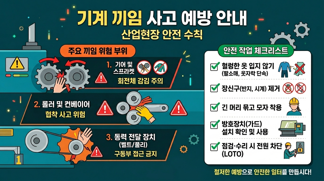 끼임·협착 사고 위험점 6가지와 예방 체크리스트 인포그래픽