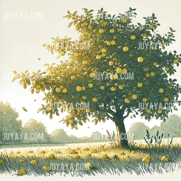 능금 나무 아래에 떨어진 노란색 능금들이 흩어져 있고 부드러운 햇살이 비치는 초록 풀밭 풍경.