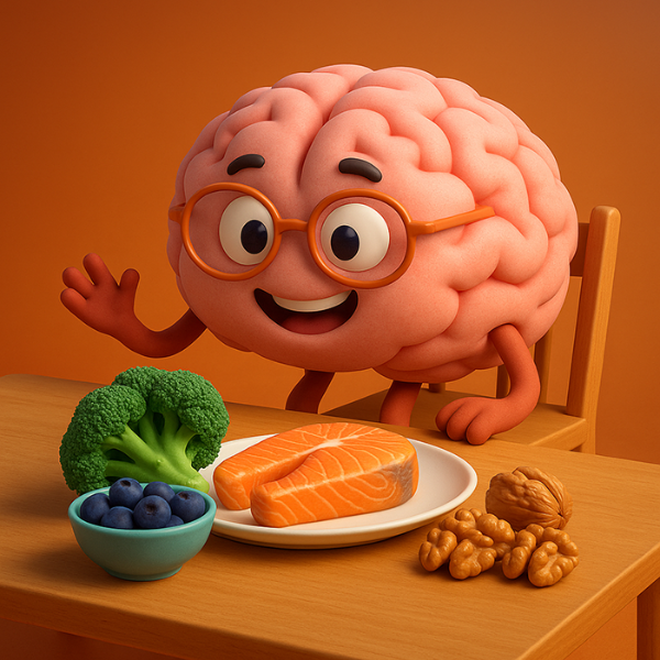 치매를 예방하는 음식이 놓인 식탁에 앉아 있는 모습