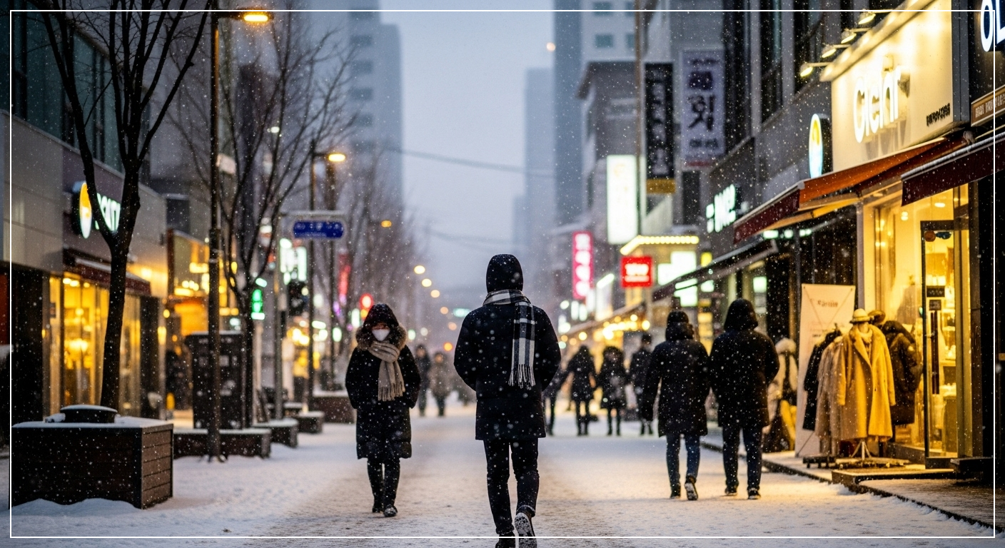 겨울 저녁 도시 산책로에 가로등 불빛이 반짝이고 사람들의 실루엣이 걸어가는 평온한 겨울 거리 풍경