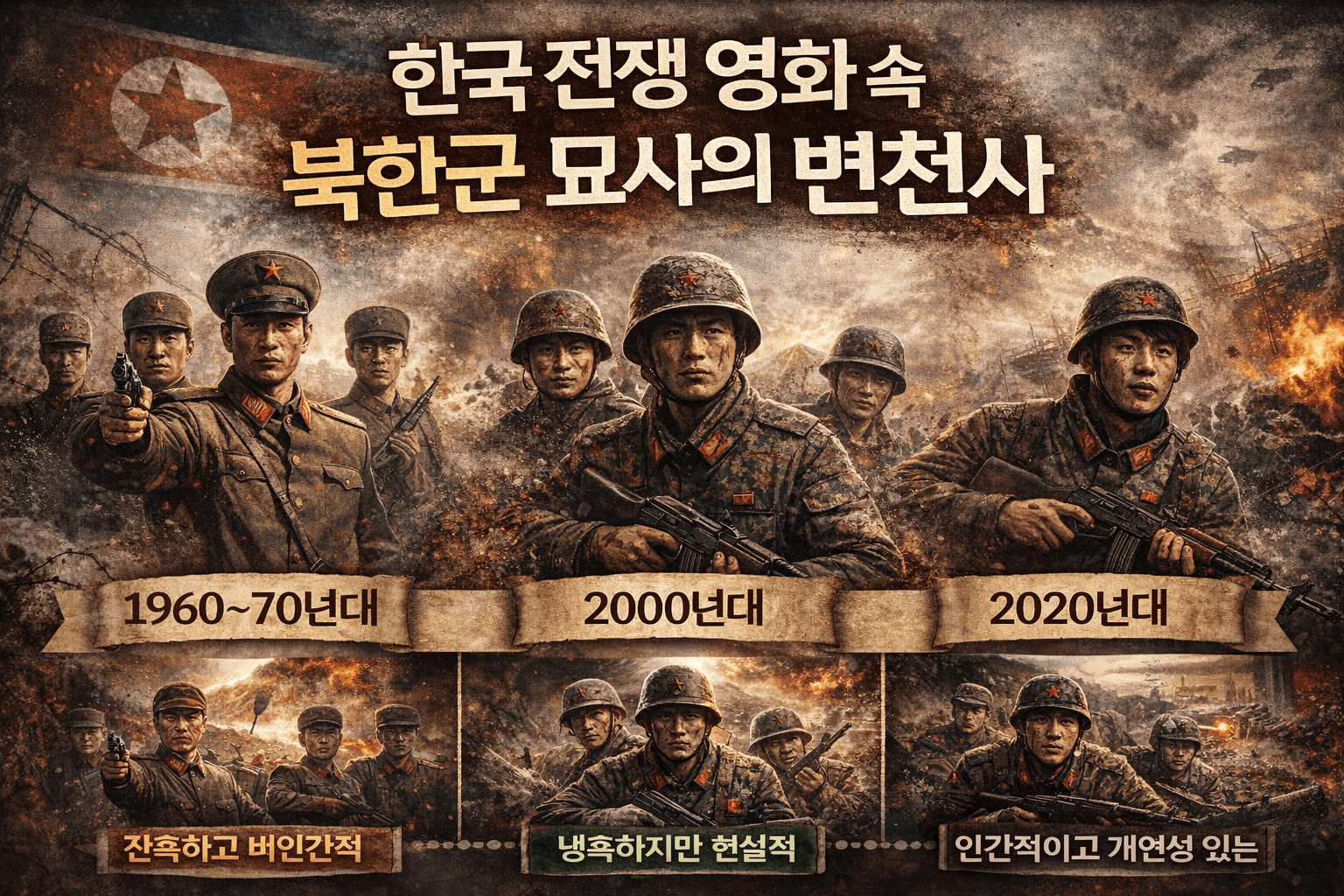 전쟁터 배경 위에 시대별 군인 실루엣과 전투 장면이 배치된 인포그래픽 이미지로, 중앙에는 ‘한국 전쟁 영화 속 북한군 묘사의 변천사’라는 제목이 강조되어 있으며 1960~70년대, 2000년대, 2020년대 등 시기별로 북한군 캐릭터 묘사의 변화가 시각적으로 표현되어 있다.