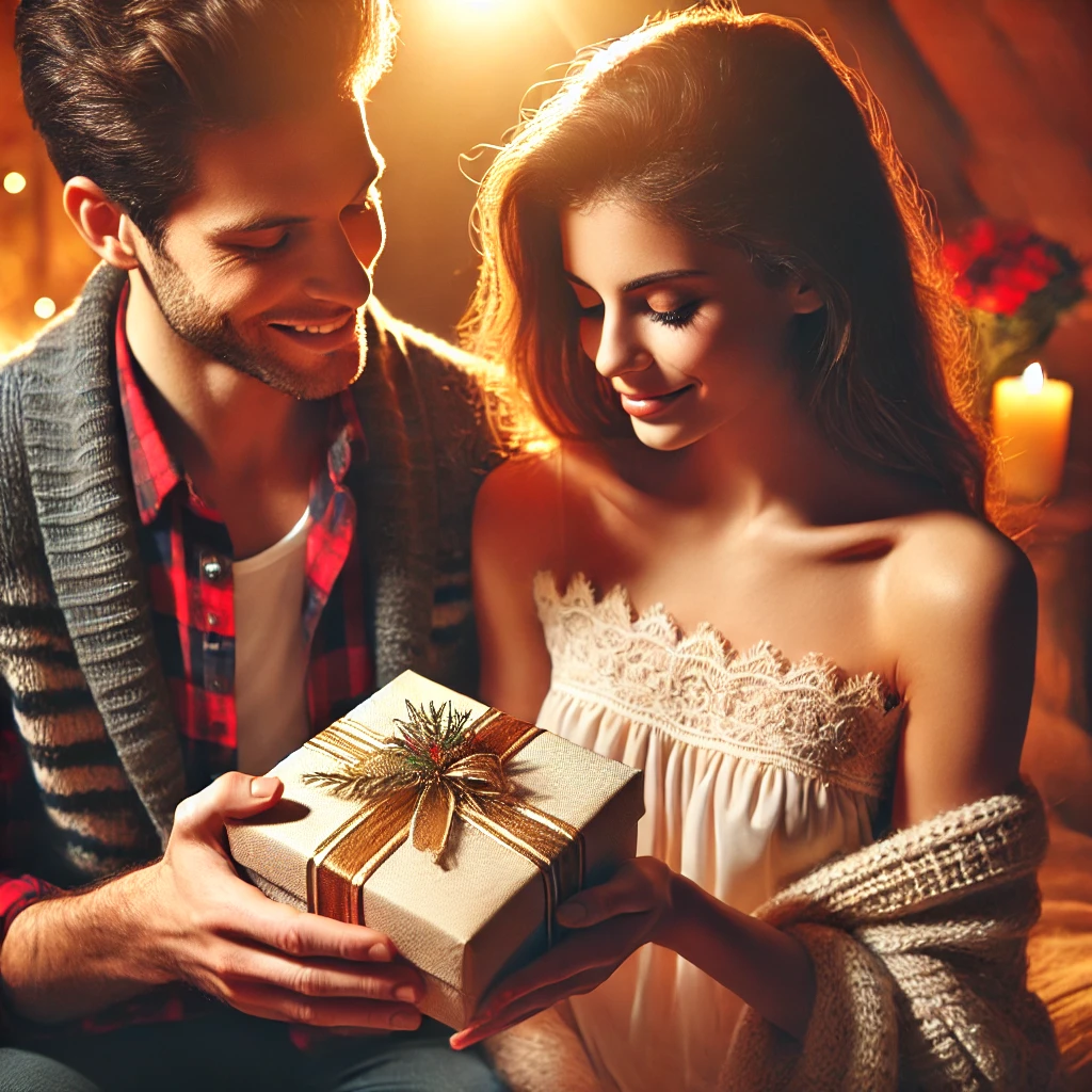 연인에게 선물을 주는 사진입니다.