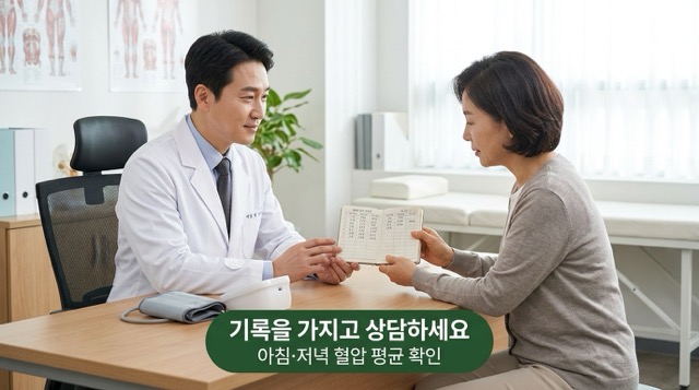 혈압 기록 가지고 내과 상담하는 장면