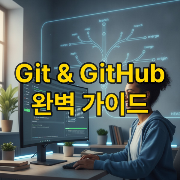 초보 개발자가 Git 및 GitHub 인터페이스와 브랜치 다이어그램을 보며 버전 관리 시스템을 익히는 모습