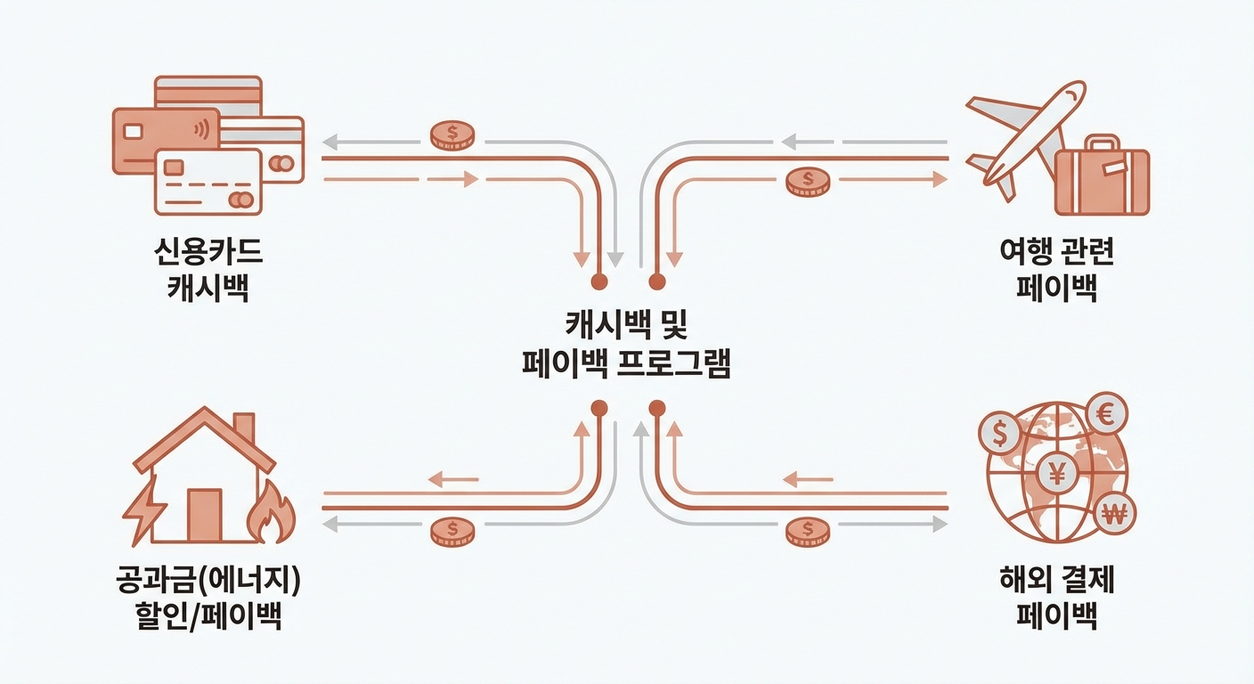 다양한 캐시백 및 페이백 유형을 보여주는 인포그래픽. 신용카드, 여행, 에너지, 해외 결제 등 소비 패턴별로 혜택을 받을 수 있음을 시각적으로 설명.