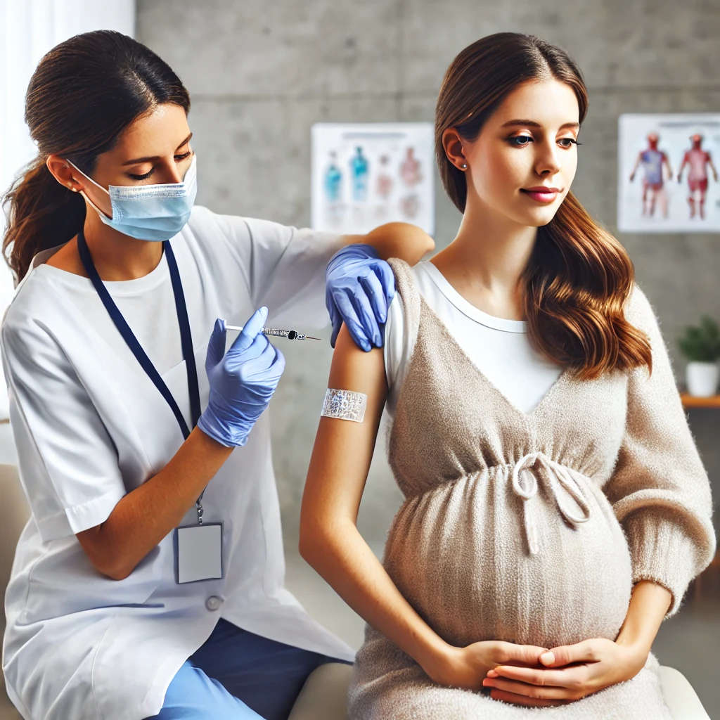 임신한 여성이 백일해 예방접종을 맞는 모습