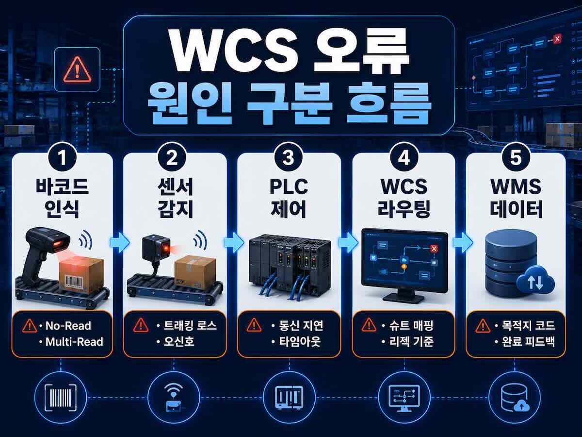 WCS 오류 원인 구분 흐름도 바코드 인식 센서 감지 PLC 제어 WCS 라우팅 WMS 데이터 확인