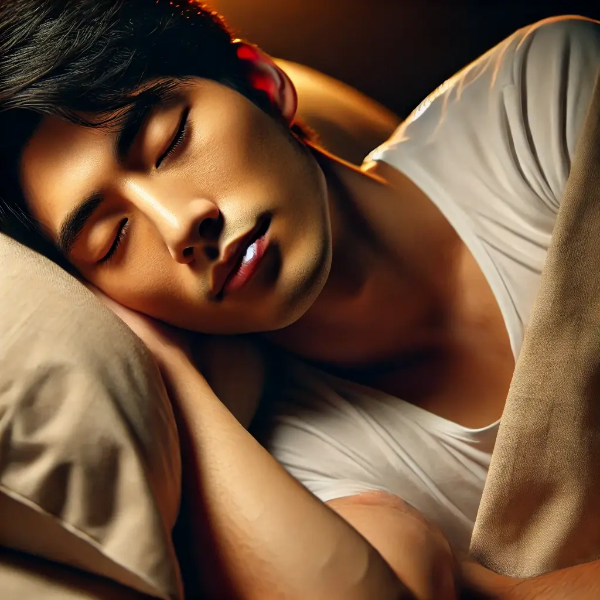 숙면에 든 동양인 남성이 평온한 표정으로 깊게 자는 모습