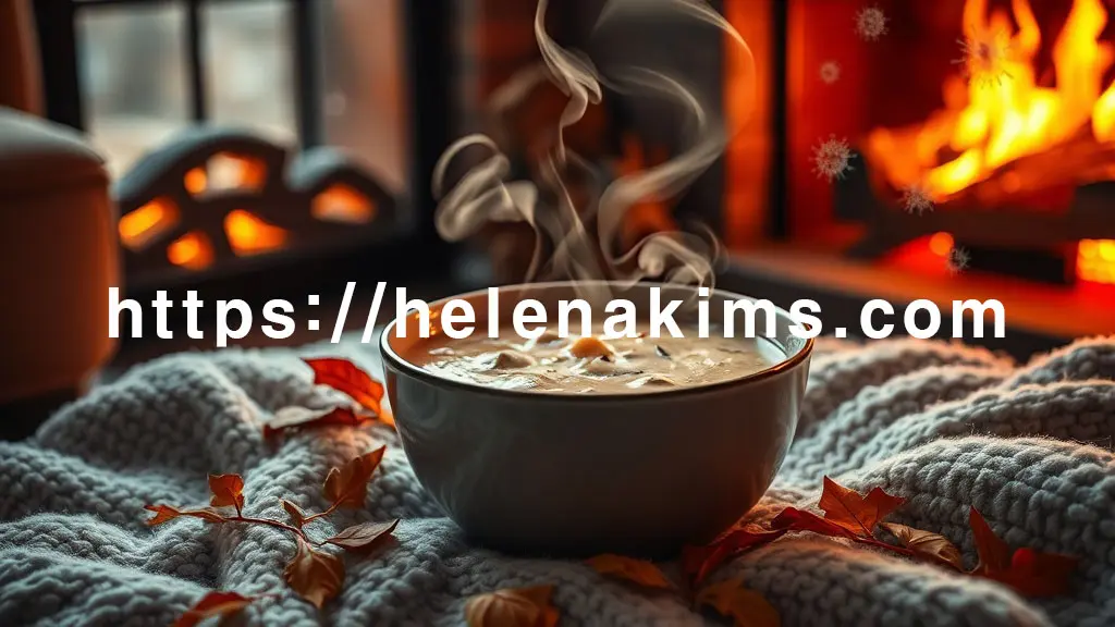 따뜻한 벽난로 옆, 아늑한 실내 풍경. 김이 모락모락 나는 버섯이 가득한 따뜻한 수프 볼이 중앙에 놓여 있는 이미지.