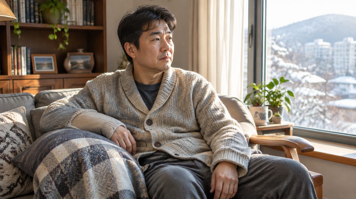 겨울 아침 창가에서 마비된 오른쪽을 담요로 덮고 앉은 편마비 40대 남성