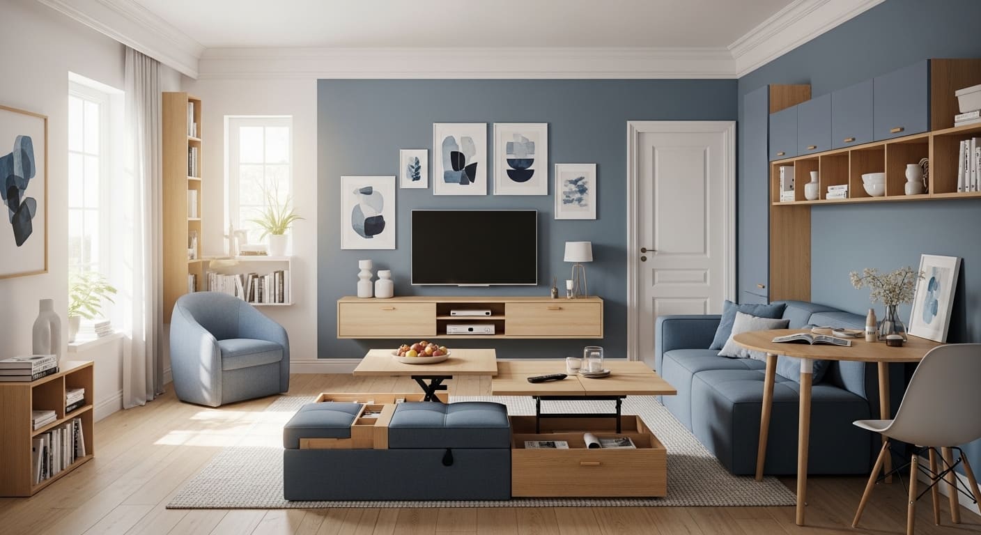 2026년 최신 트렌드가 반영된, 블루-그레이 톤의 넓고 아늑해 보이는 좁은 집 거실 전경. 스마트 수납 가구와 효율적인 정리로 공간이 최적화된 모습.