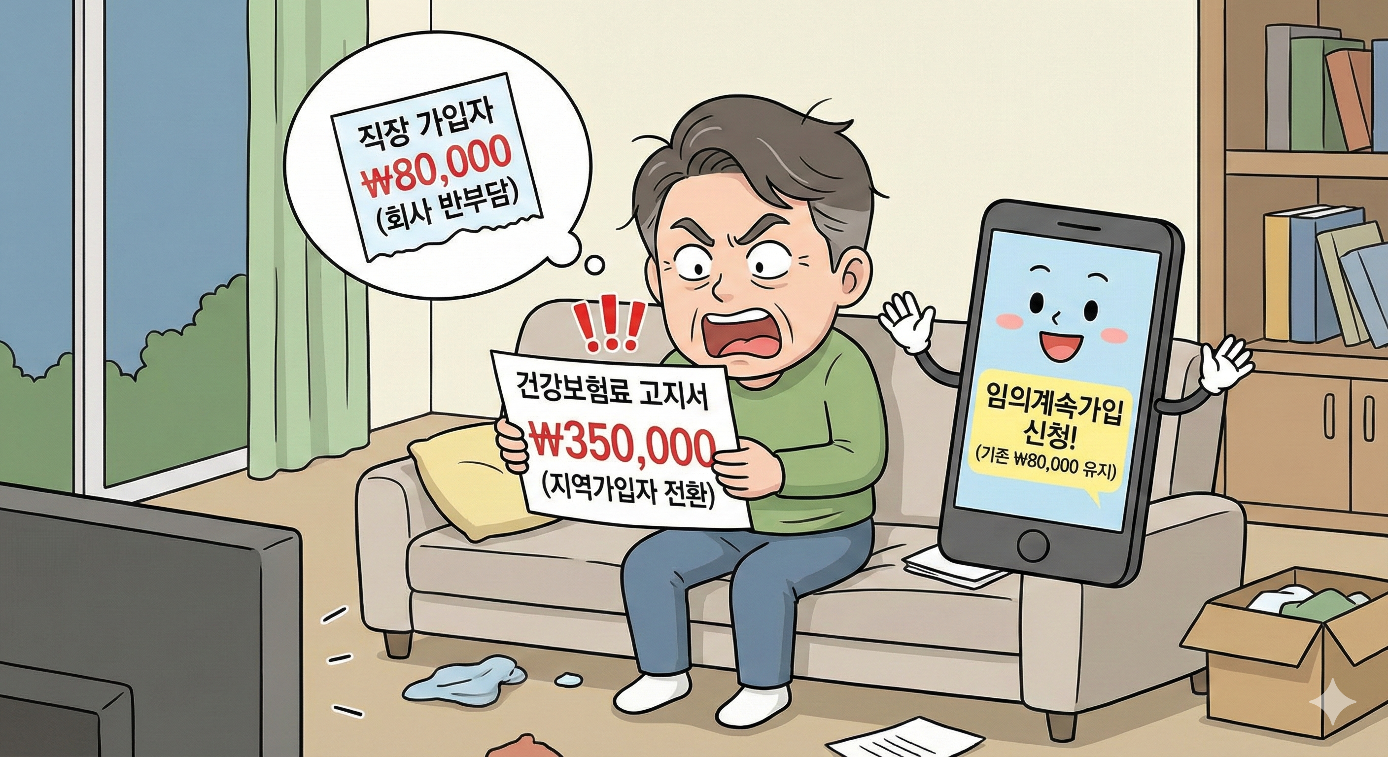 퇴사 후 지역가입자로 전환되어 350,000원이 찍힌 '건강보험료 고지서'를 들고 경악하는 중년 남성의 만화 일러스트. 머리 위 말풍선에는 직장인 시절 '직장 가입자 80,000원(회사 반부담)'을 내던 기억이 떠올라 있다. 옆에서 스마트폰 캐릭터가 '임의계속가입 신청!(기존 80,000원 유지)'라는 문구를 보여주며 해결책을 제시하고 있다.
