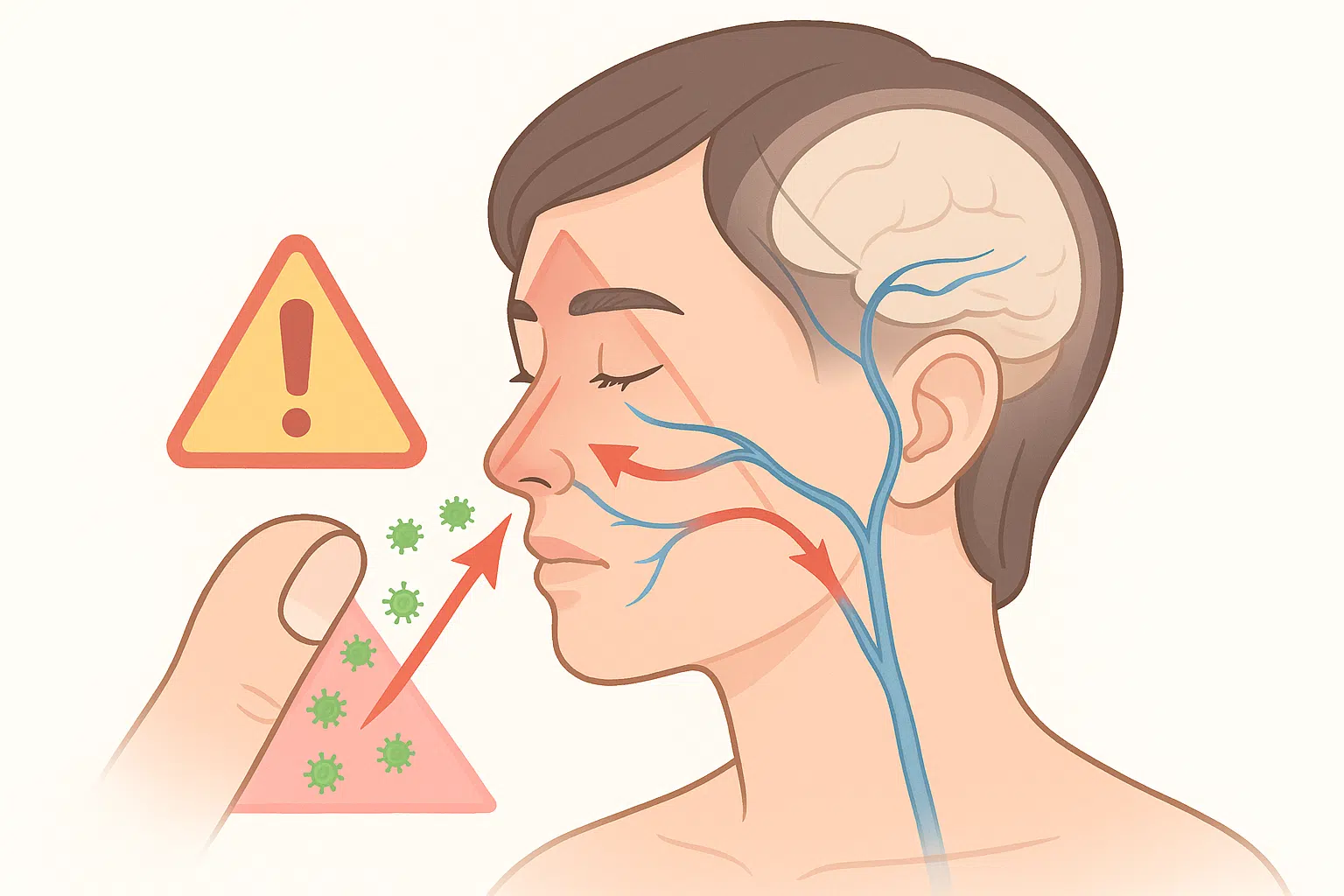 얼굴 위험 삼각형을 강조한 인체 일러스트, 코 주변 정맥에서 해면정맥동으로 세균이 이동하는 경로