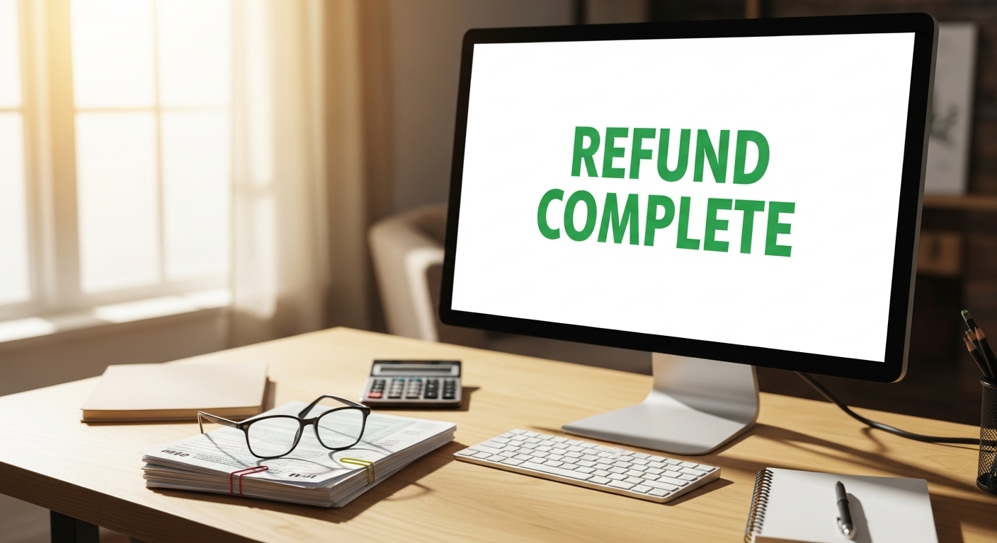 연말정산 서류와 안경이 함께 놓인 책상 앞에서, 성공적인 환급을 기뻐하는 모습