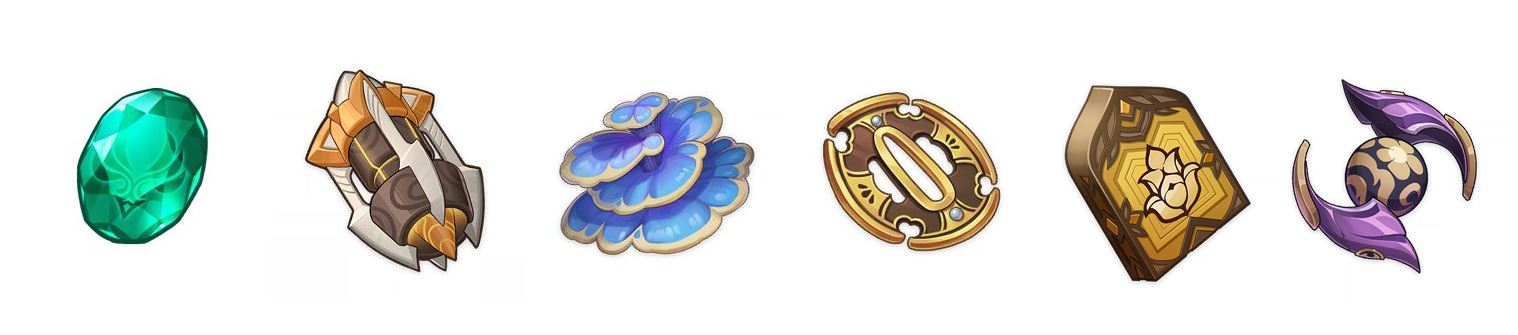 자유로운 터키석 / 영구동력 코어 / 룩카데바타 성체버섯 / 명검 코등이 / 실천의 가르침 / 공행의 방울