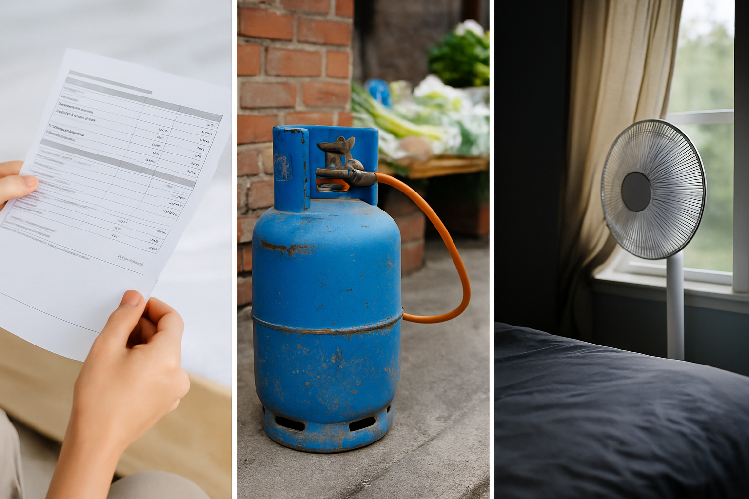 고지서 서류,가스,선풍기 사진이 나란히 3개 가로로 있는 사진