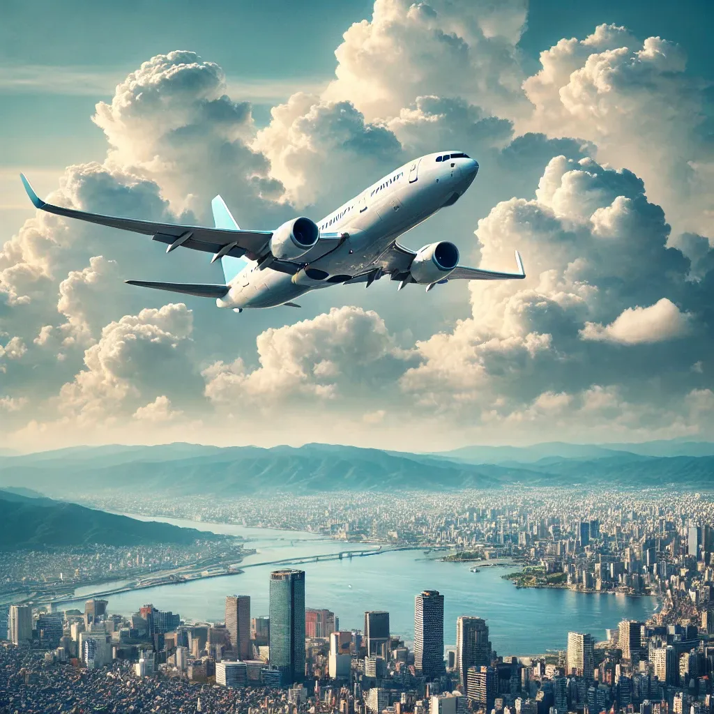 오사카로 향하는 비행기가 구름 사이를 날아가고, 아래로는 오사카의 도시 풍경과 배경의 산맥이 보이는 장면.