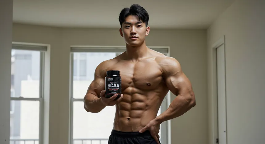 방안에서 BCAA 제품을 들고 있는 남성 이미지