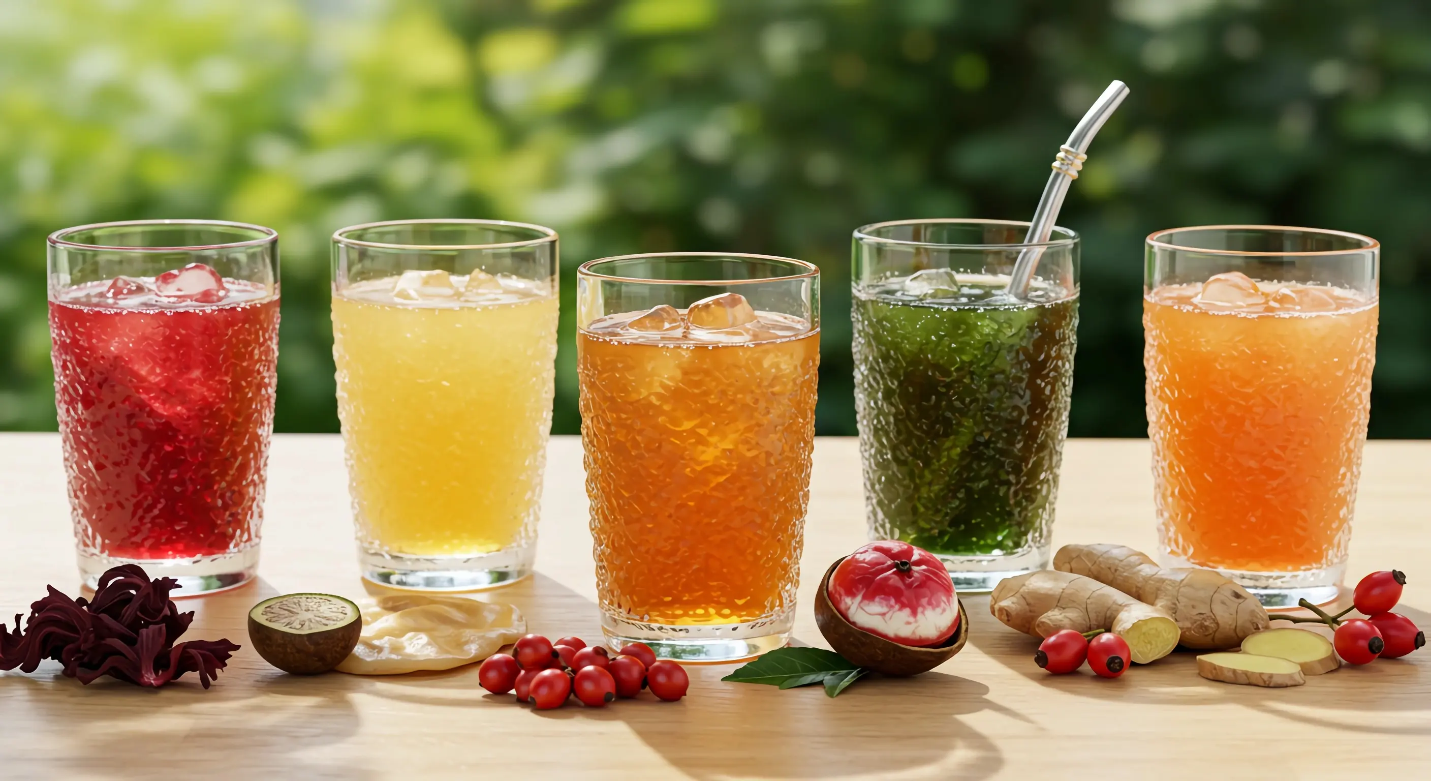 천연 에너지 음료 5잔이 나무 테이블 위에 일렬로 배치된 모습 - 빨간색 히비스커스, 노란색 콤부차, 주황색 과라나, 초록색 마테, 주황색 로즈힙 생강 음료와 각각의 원재료들