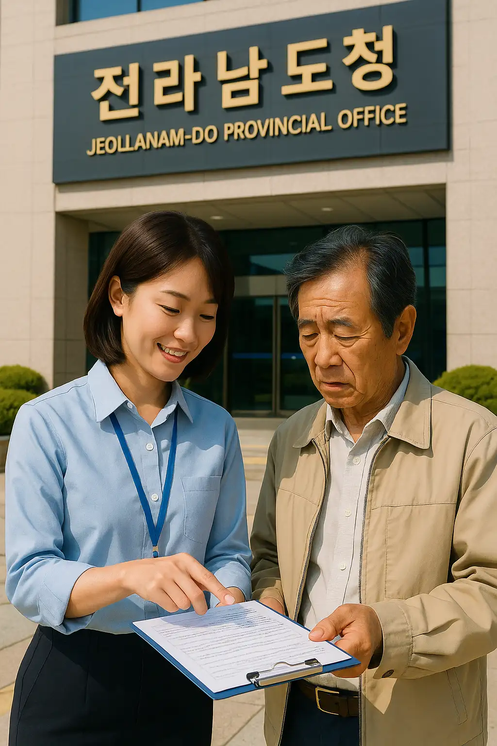 전라남도청 앞에서 복지 담당 직원이 주민에게 긴급복지 지원 절차를 안내하는 상담 장면