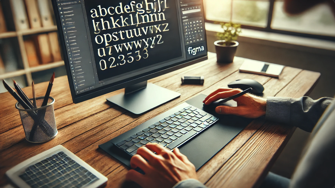 디자이너의 손이 마우스와 키보드를 사용하는 모습, 화면에는 폰트 맞춤화 프로젝트가 열린 피그마 애플리케이션이 보임.