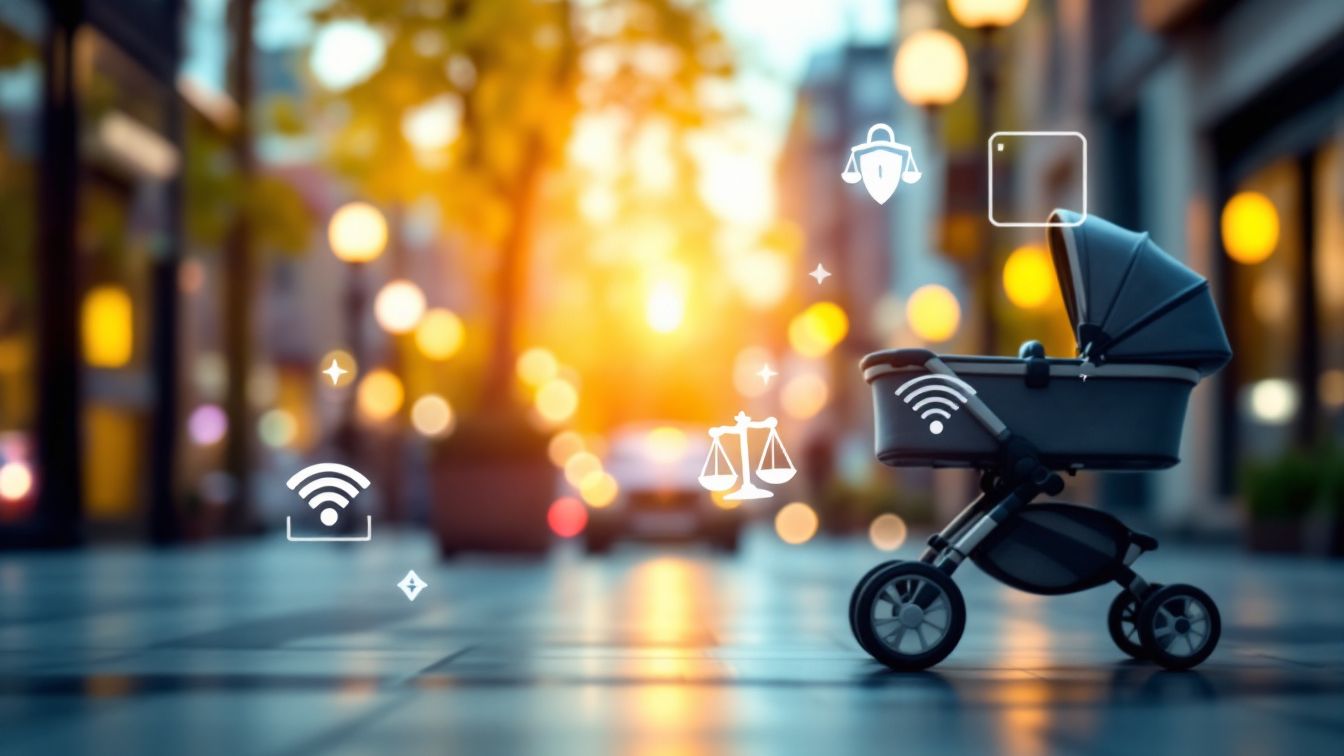 2025년 4월부터 달라지는 정부 정책을 상징적으로 표현한 유모차와 아이콘 이미지, 육아휴직&middot;와이파이&middot;법률 지원 등 정책 변화 강조