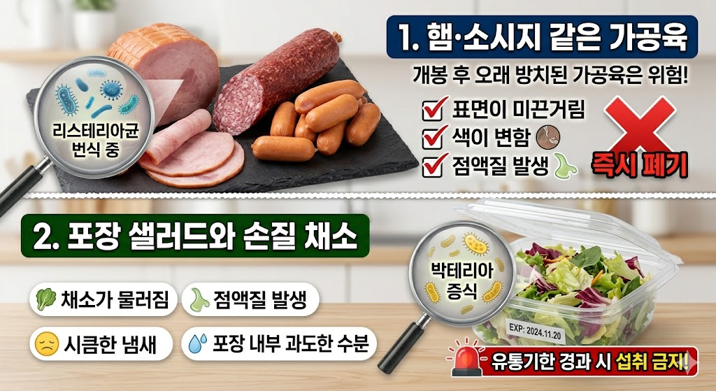 가공육과 포장 샐러드의 위생 주의사항을 설명하는 인포그래픽 이미지. 상단에는 햄과 소시지 이미지와 함께 '리스테리아균 번식 중'이라는 돋보기 효과가 있으며, 표면 미끈거림, 색 변함, 점액질 발생 시 즉시 폐기해야 한다는 체크리스트가 포함되어 있다. 하단에는 플라스틱 용기에 담긴 포장 샐러드 이미지와 함께 '박테리아 증식' 돋보기 효과가 있으며, 채소 물러짐, 시큼한 냄새, 과도한 수분 등 주의해야 할 상태와 '유통기한 경과 시 섭취 금지' 경고 문구가 적혀 있다.