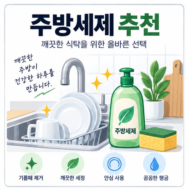주방 싱크대와 세제병 아이콘 위에 주방세제 추천 문구가 표시된 대표 이미지