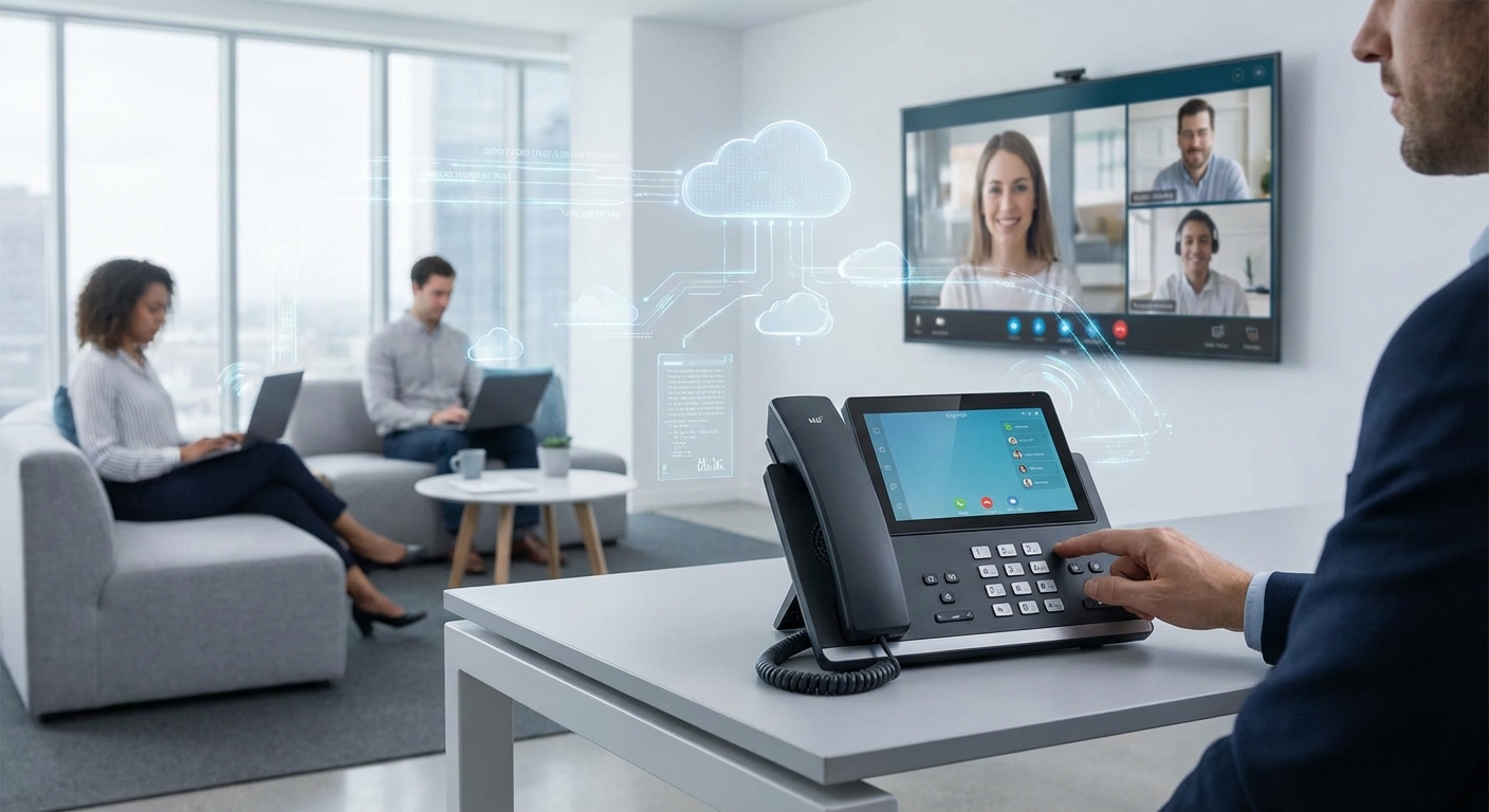 2026년 하이브리드 스마트 오피스 환경에서 직원이 최신 기업용 인터넷 전화기(IP Phone)를 사용하고 있으며, 배경의 대형 스크린을 통해 원격 화상 회의가 진행되고 클라우드 통신 네트워크를 상징하는 홀로그램이 떠 있는 모습.