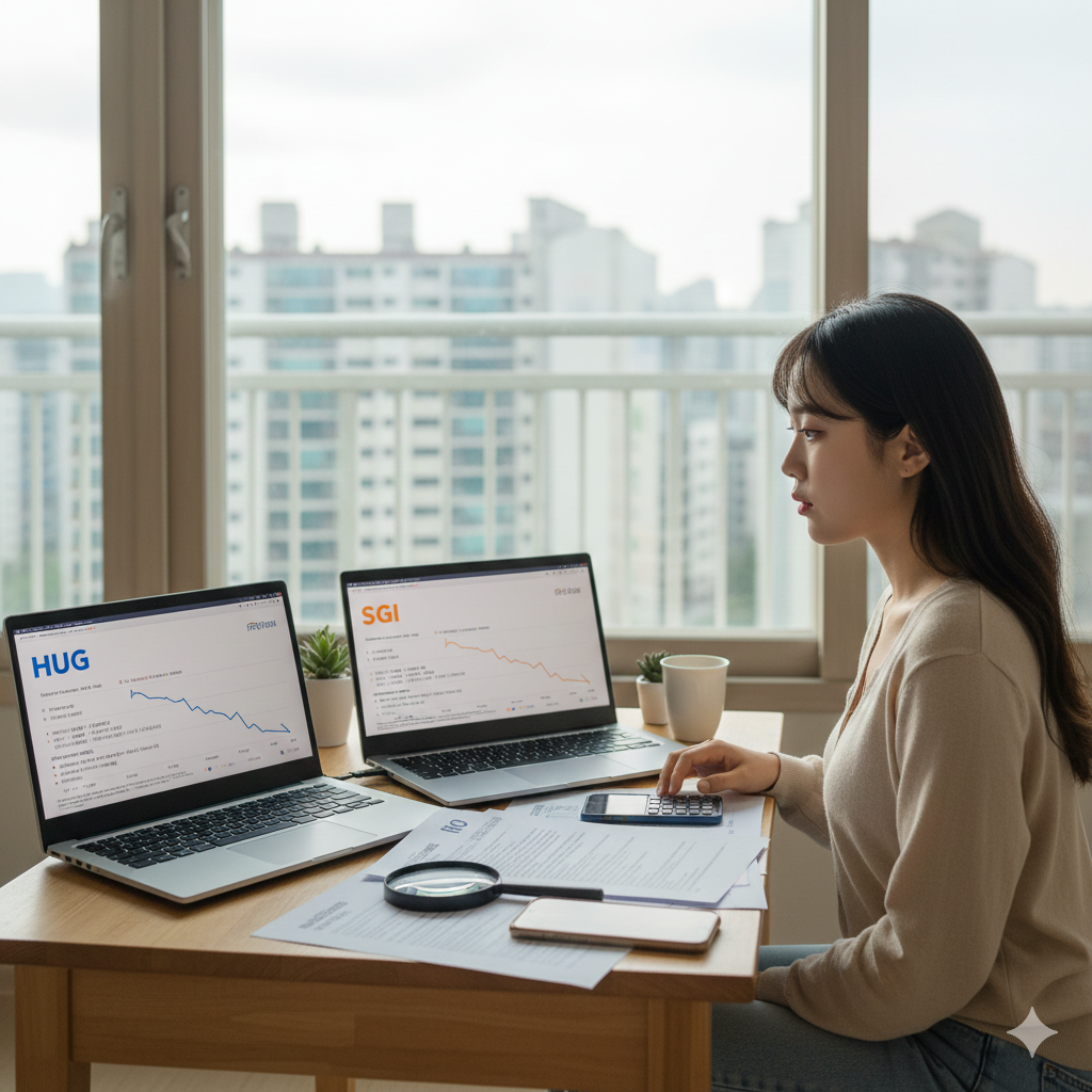 젊은 여성이 도시 고층 아파트 창가 책상에 앉아 두 대의 노트북으로 HUG와 SGI 보증보험 관련 차트와 자료를 분석 중이다. 계산기와 서류, 돋보기가 놓여 있고, 창밖으로는 빌딩숲이 펼쳐져 있다.
