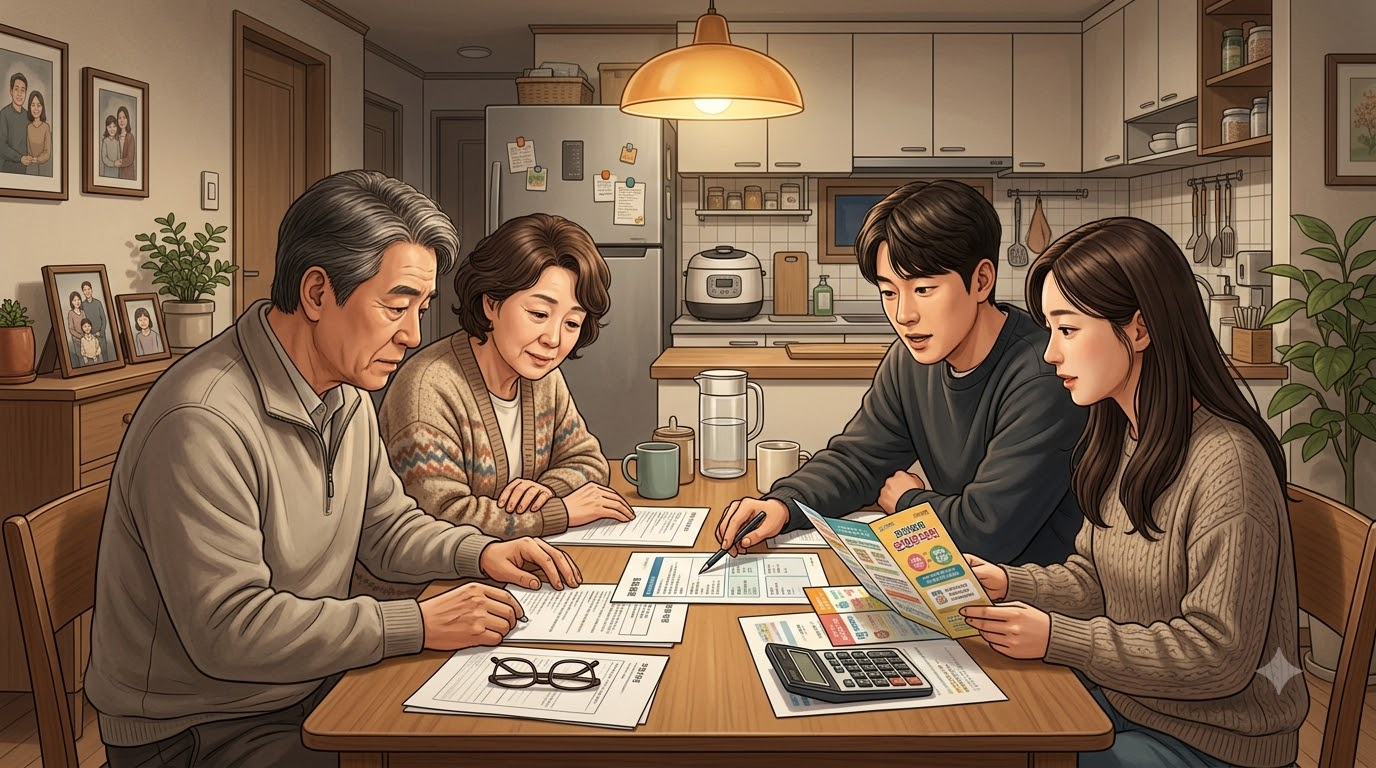 식탁에 서류를 펼쳐 놓고 성인 자녀와 함께 주택연금 안내문을 읽는 부모
