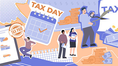 종합소득세 신고일을 준비하고 달력에서 확인하는 사람들을 묘사한 세금 신고 일러스트