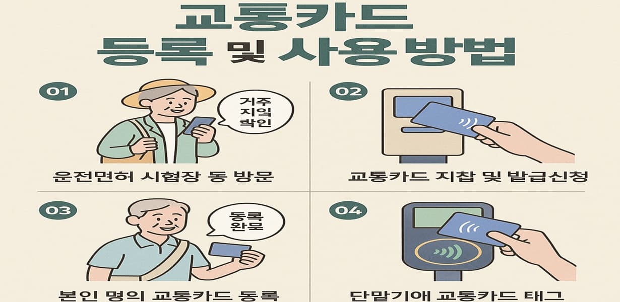 “교통카드 등록 및 사용 방법을 설명한 어르신 대상 인포그래픽”