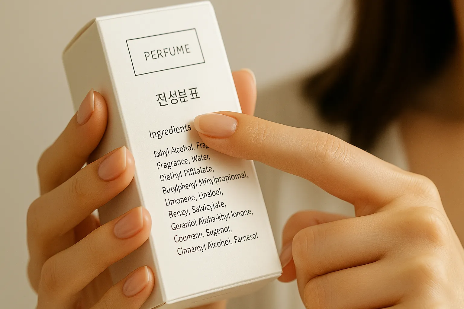 "향수 박스 뒷면의 전성분표를 꼼꼼히 확인하는 사람의 손 클로즈업"