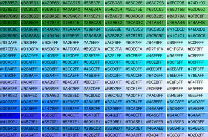 다양한 색상이 그라데이션으로 펼쳐져 있는 헥스 코드 색상표 화면