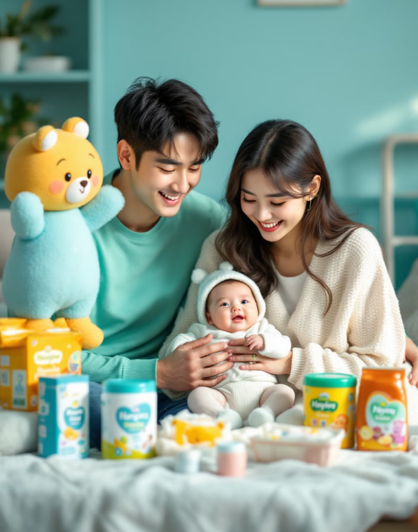 젊은 신혼 부부가 아기를 보며 웃는 모습