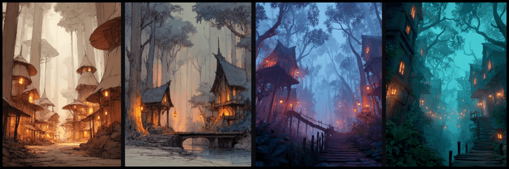 게임용 숲 속 판타지 마을 콘셉트 아트, 따뜻한 조명과 안개 연출 포함
